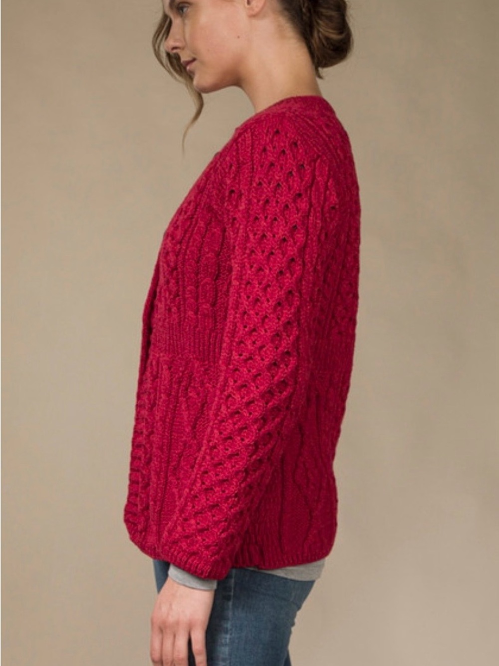 ARAN SWEATER MARKET Women's Merino Wool A-Line Fit Cardigan XL RED(Chillipepper) - Picture 3 of 10